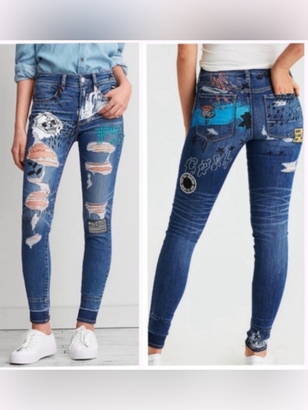 American Eagle Distressed Super Stretch Skinny Jeans with Patches - Sz 6